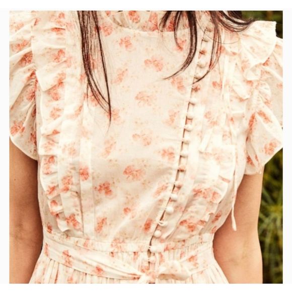 DOEN Carnation Dress Size Small White Poppy Pink Floral Maci Flutter Cotton - Picture 3 of 16